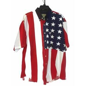 Vintage Sun River, Short Sleeve Shirt Button Down American Flag Patriotic Large